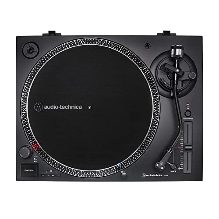 Top view of an Audio-Technica turntable showing the platter and tonearm.