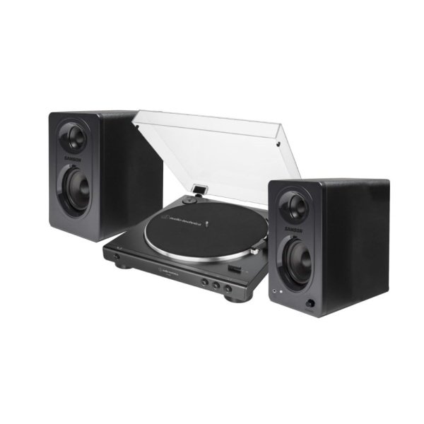 Audio-Technica AT-LP60X Fully Automatic Belt-Drive Stereo Turntable with Built-in Preamp and USB Output Vinyl Playback Bundle with 3-Inch Powered Studio Monitors Pair (Black) (3 Items) | Fully Automatic Belt-Drive, Switchable Phono and Line Preamp, Die-Cast Platter, Includes Powered 3 Monitors