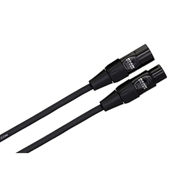 Close-up of the male and female three-pin XLR connectors on a Hosa microphone cable.